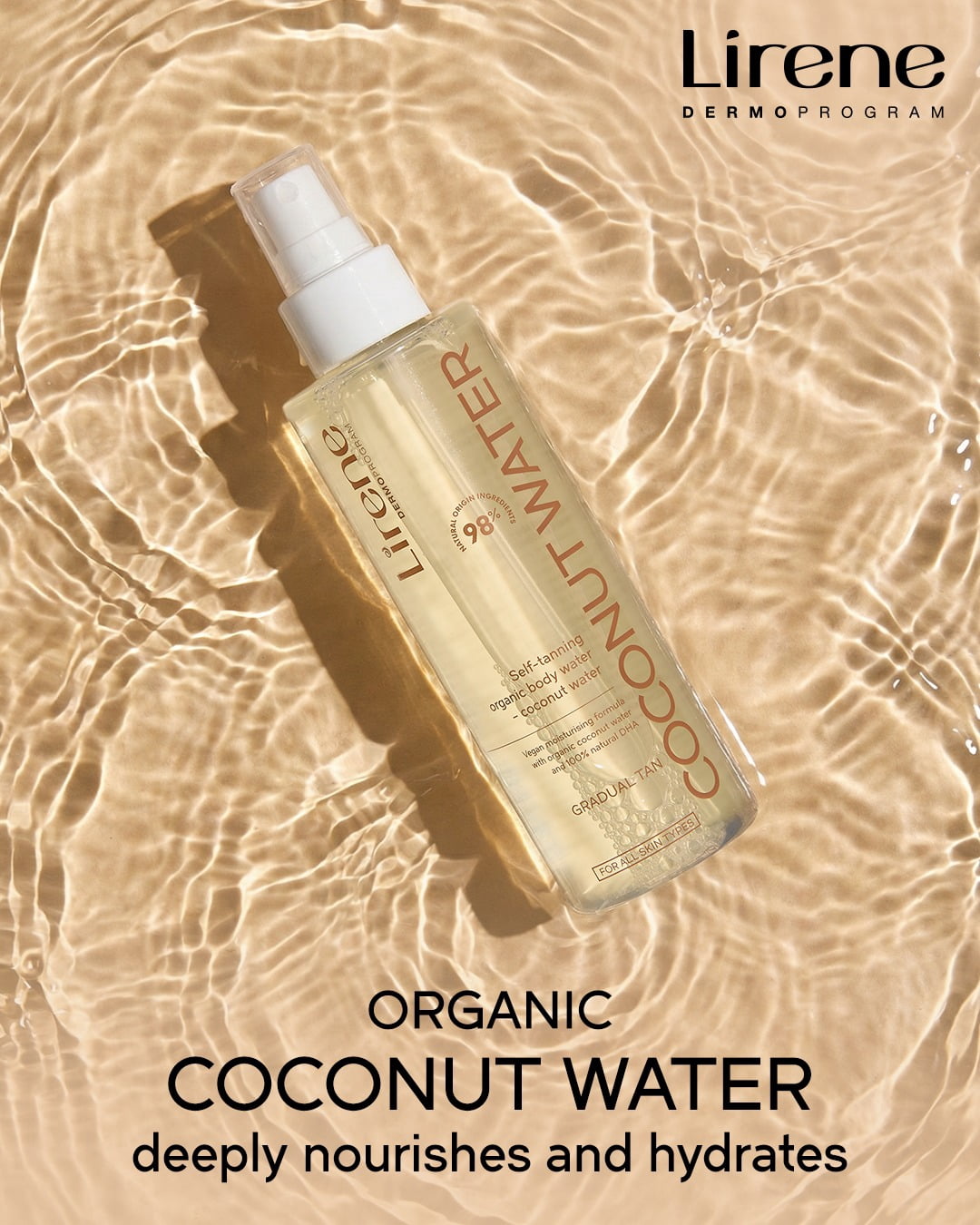 Lirene PERFECT TAN Coconut Water Tanning Body Mist- 360° Spray, Natural Golden, Streak-Free Tanner with Coconut Water and  Natural DHA  – 150ml