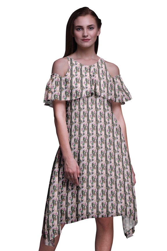 Grey Butterfly Print Cold Shoulder Women Swing Tunic Flutter Sleeve Midi Dress - Small