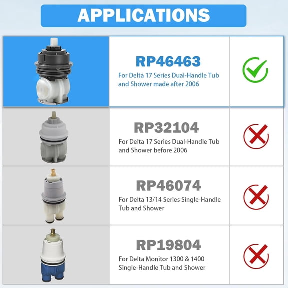 TG4THT-RP46463 Delta Shower Cartridge Compatible for Delta Monitor 17 Series (2006-Present) Dual Function Bath Tub and Shower Faucet Parts Delta Shower Faucet Cartridge with Seat and Spring Adapter
