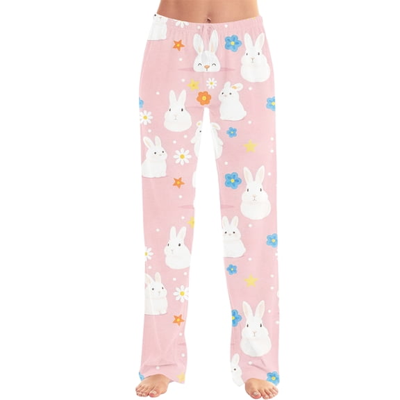 Easter Pajamas Women Stretch Waist Drawstring Trendy Sleepwear Cute Rabbit Print Soft Wide Leg Pants (Wine,M)