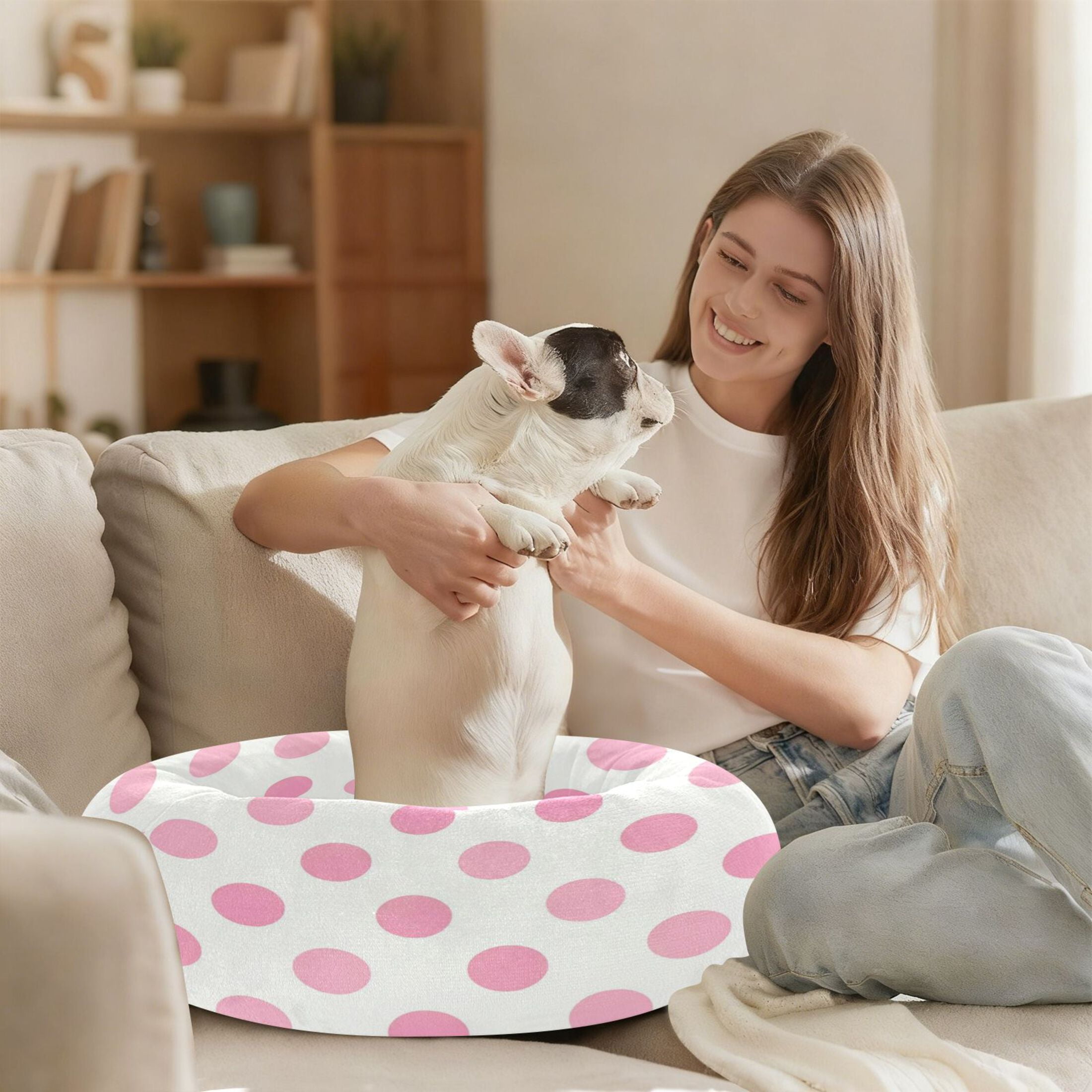 Iauyy Pet Couch Donut Cat Bed for Indoor Cats/Small Dogs Washable & Machine with Non-slip Bottom Calming Cat Furniture, Elegance Of The Polka Dots (S)