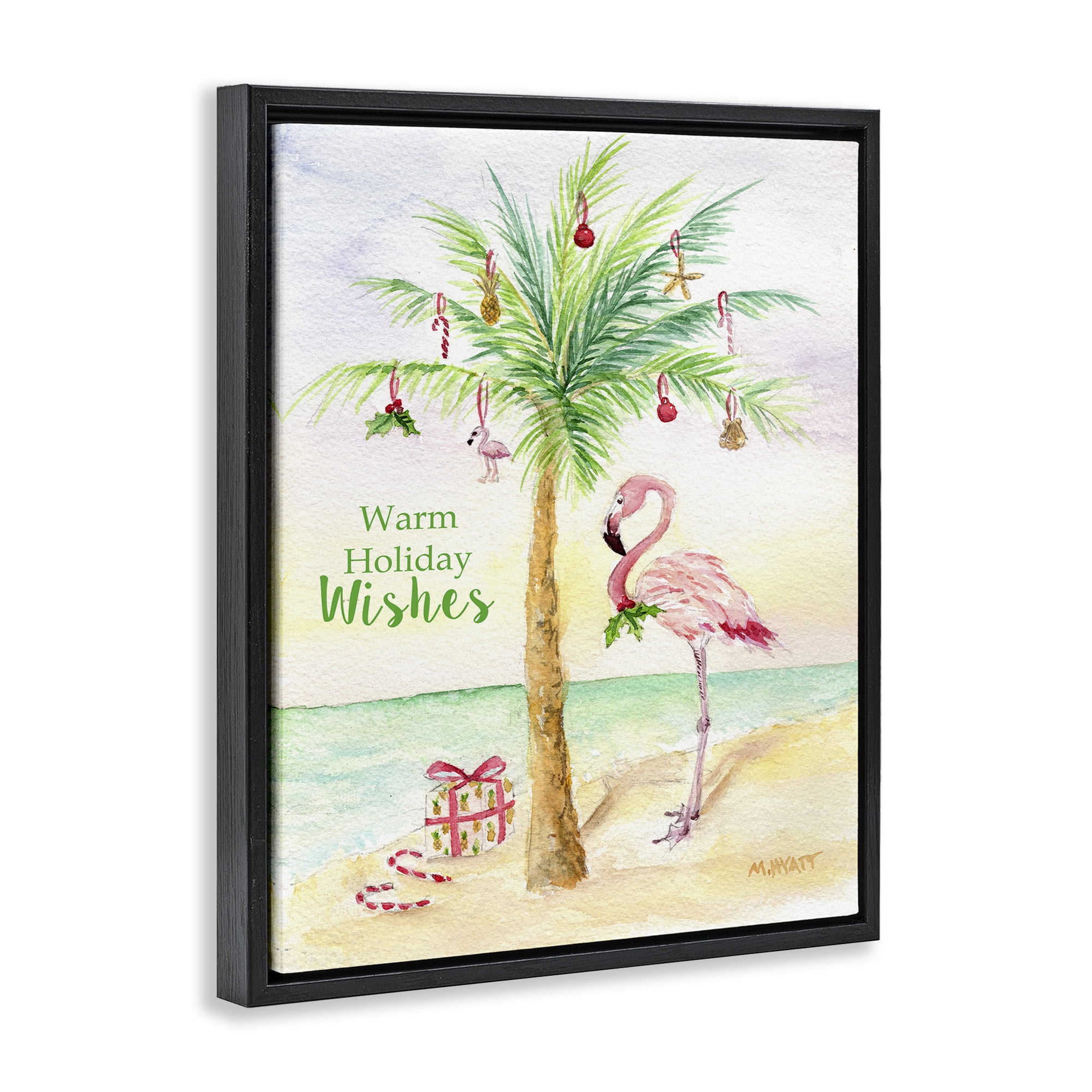 Stupell Industries Tropical Flamingo Christmas Holiday Painting Black Floater Framed Canvas Art Print Wall Art, 25 x 31