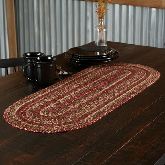 VHC Brands Cider Mill Primitive Jute Red Textured Striped Oval Kitchen Table Runner 13"x36"