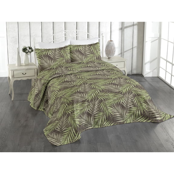 Ambesonne Tropical Quilted Coverlet 3 Pcs, Palm Leaves Overlapped Art, King Size, Reseda Green and Caramel