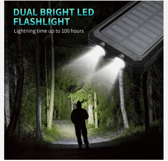Solar Portable Charger Power Bank with Flashlight, High-Capacity Battery Pack, Dual USB Output, Emergency Outdoor Charging