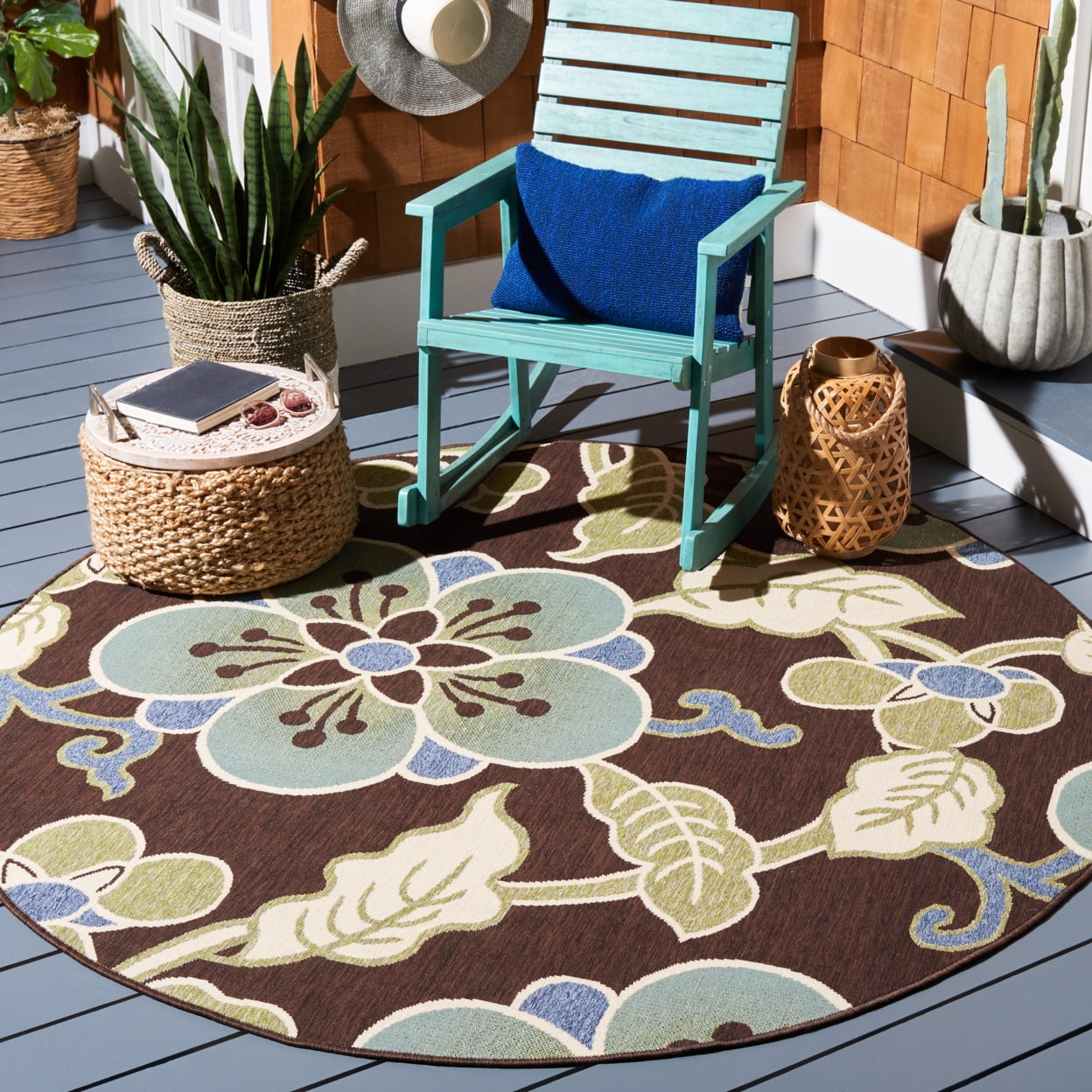 SAFAVIEH Veranda Nazca Floral Indoor/Outdoor Area Rug, 8' x 11'2", Chocolate/Aqua