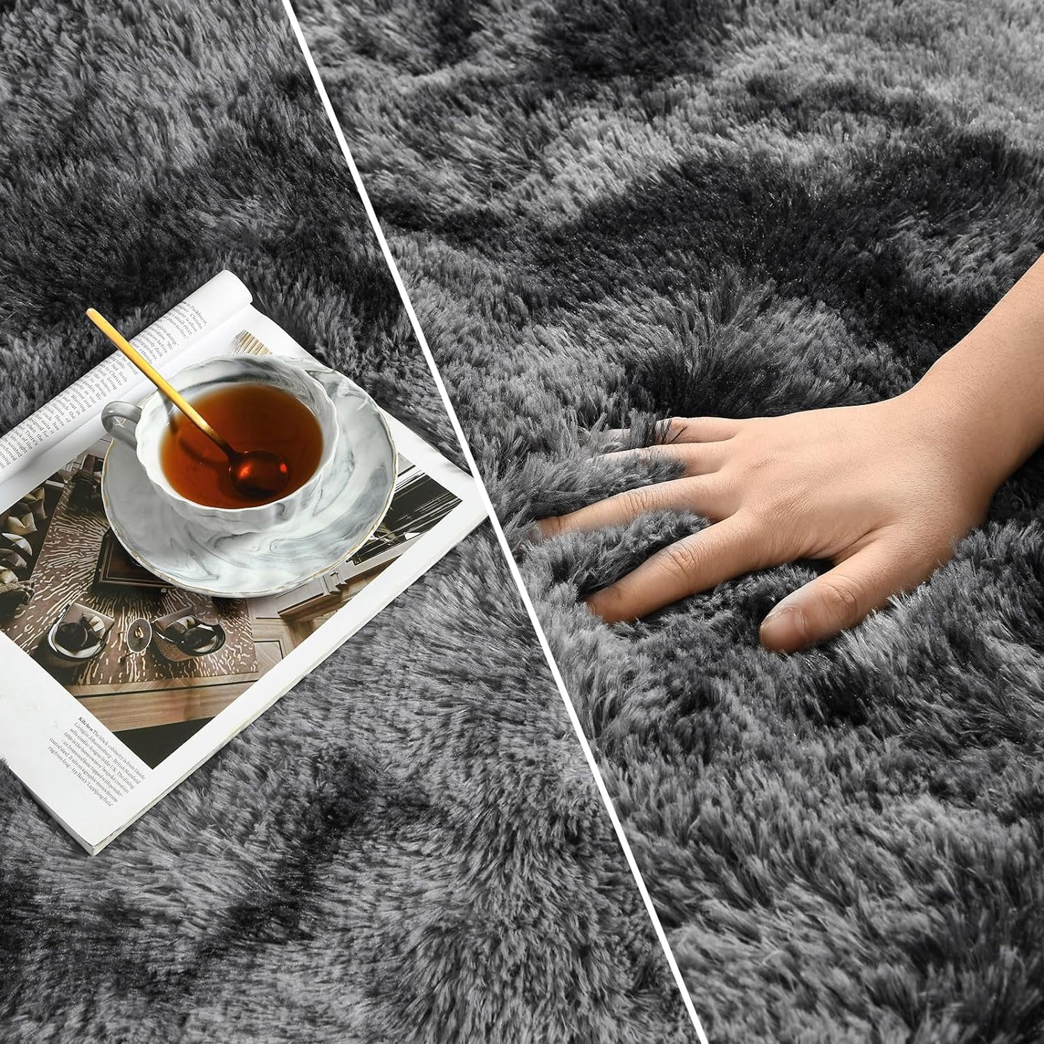Noahas Fluffy Area Rug for Living Room Bedroom, 4 x 6 Tie-Dyed Dark Grey Rug Fuzzy Non-Slip Modern Carpet Ultra Soft Faux Fur Rugs for Dorm Kids Room Home Decor