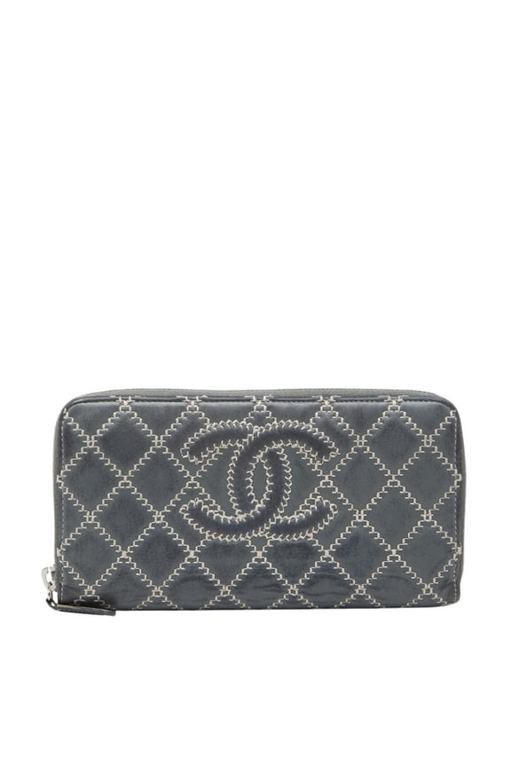 Pre-Owned Chanel Coco Mark Ultra Stitch Round Zip Long Wallet, Gray Lambskin, Women's CHANEL