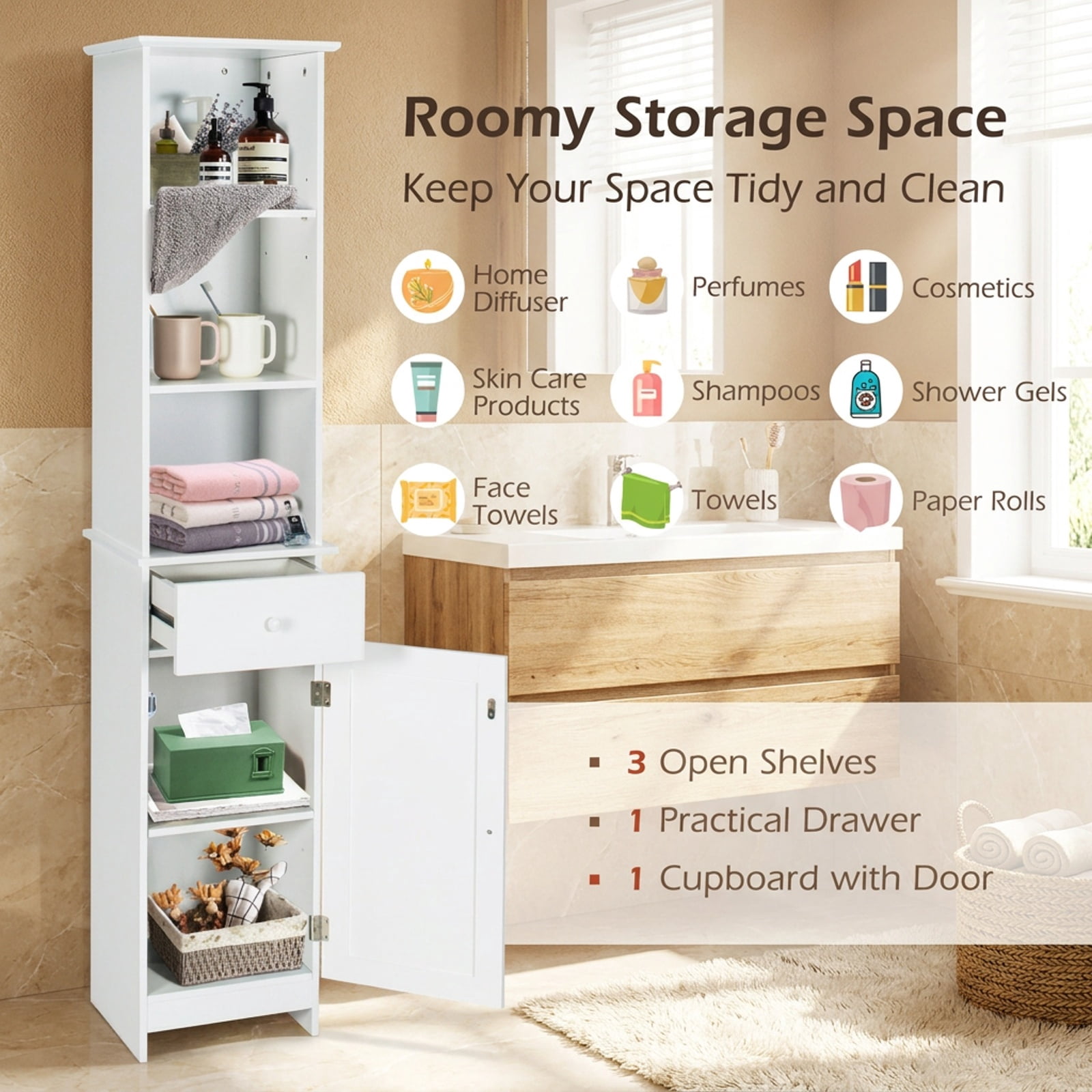 Vebreda Tall Freestanding Bathroom Storage Cabinet with Drawer, Door & 3 Open Shelves, Narrow Linen Tower Organizer with Adjustable Shelving for Bathroom, White