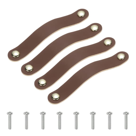Uxcell Leather Drawer Pull, Leather Handle Double Hole Cabinet Dresser Knobs with Screw, Brown 4 Pcs