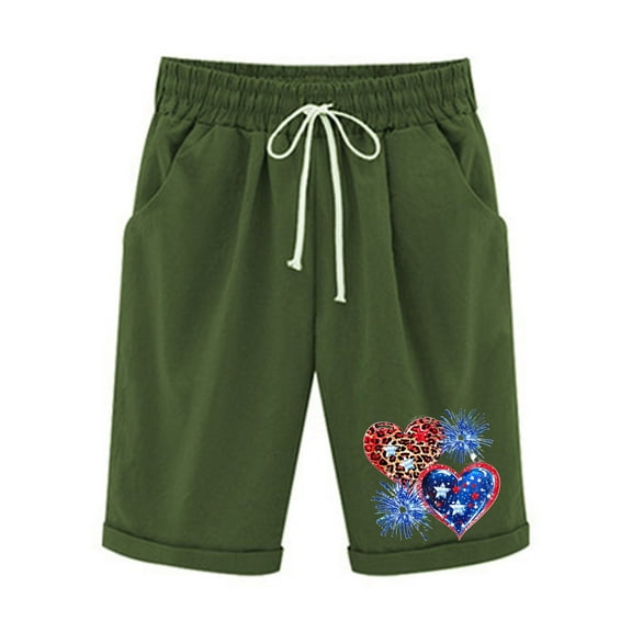 4th of July Patriotic Casual Shorts,Women Cotton Linen with Drawstrings & Pockets