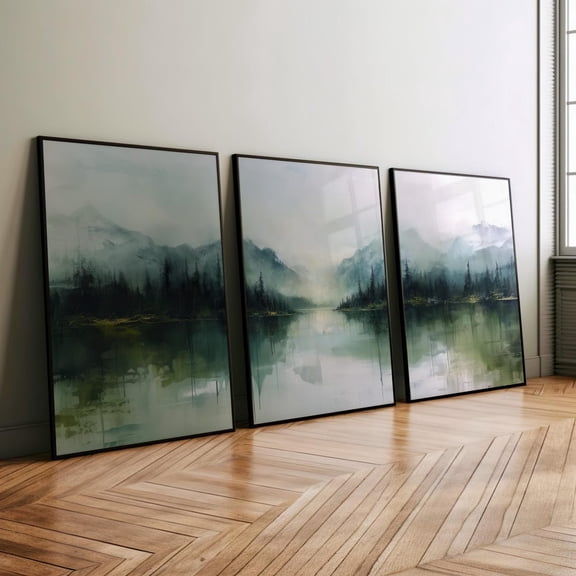 Luvia Emerald Green Mountain Forest Lake Landscape Set Of 3 Abstract Poster Or Print, Foggy Landscape Art, Moody Nature Wall Art, Modern Wall Decor Set 3 Prints 8x12 UNFRAMED