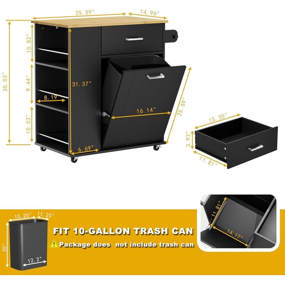 Rolling Kitchen Island with Trash Can Storage, Portable Kitchen Island on Wheels with Towel Rack & Spice Rack, Tilt Out Trash Can Cabinet with Drawer, Mobile Island Cart (Black)