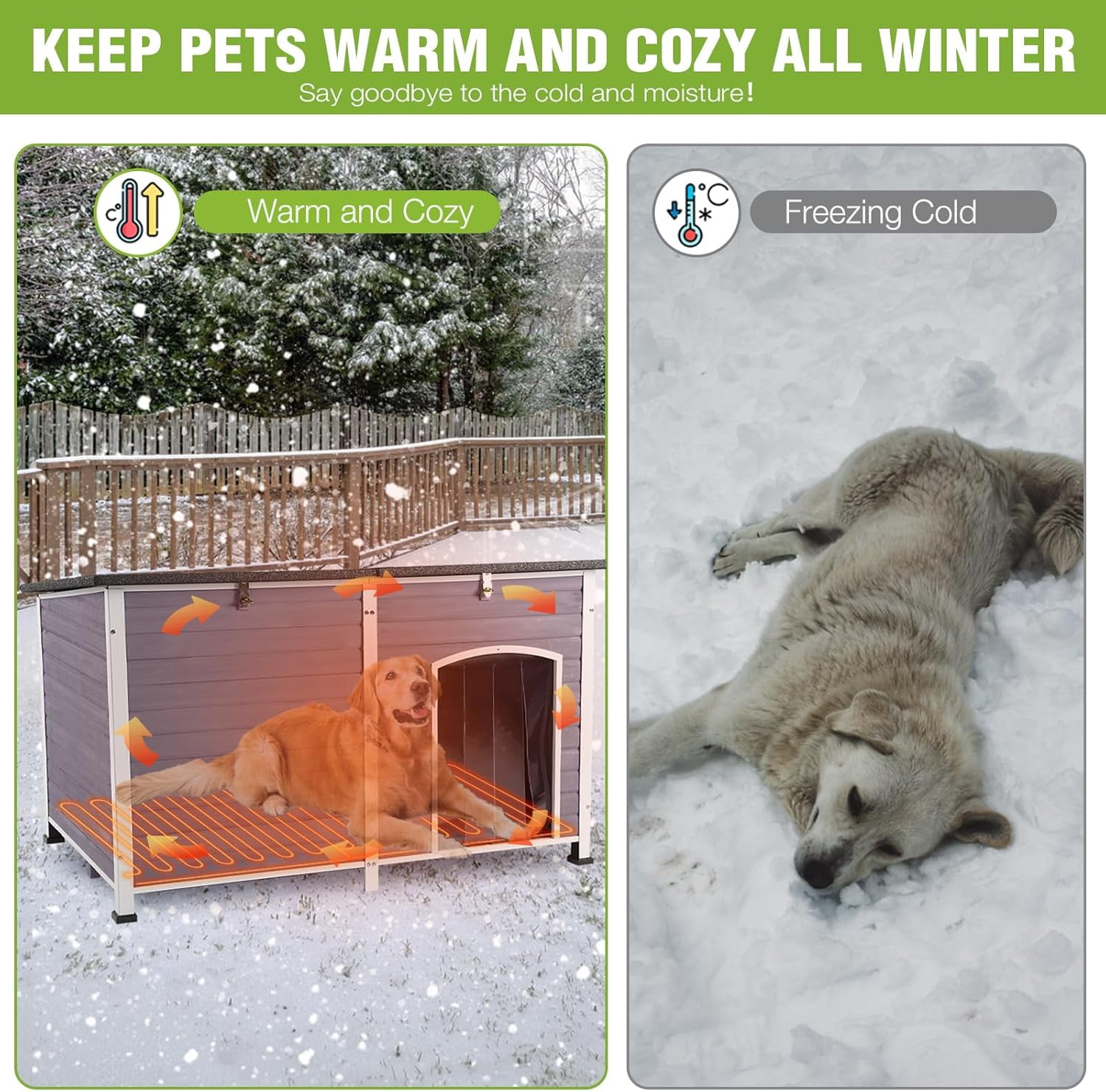 Aivituvin 59" Extra Large Heated Dog House with Heater & Insulated Liner for Winter, Wooden Insulated Outdoor Dog House for Large Dogs, All-Around Iron Frame Weatherproof (Gray)