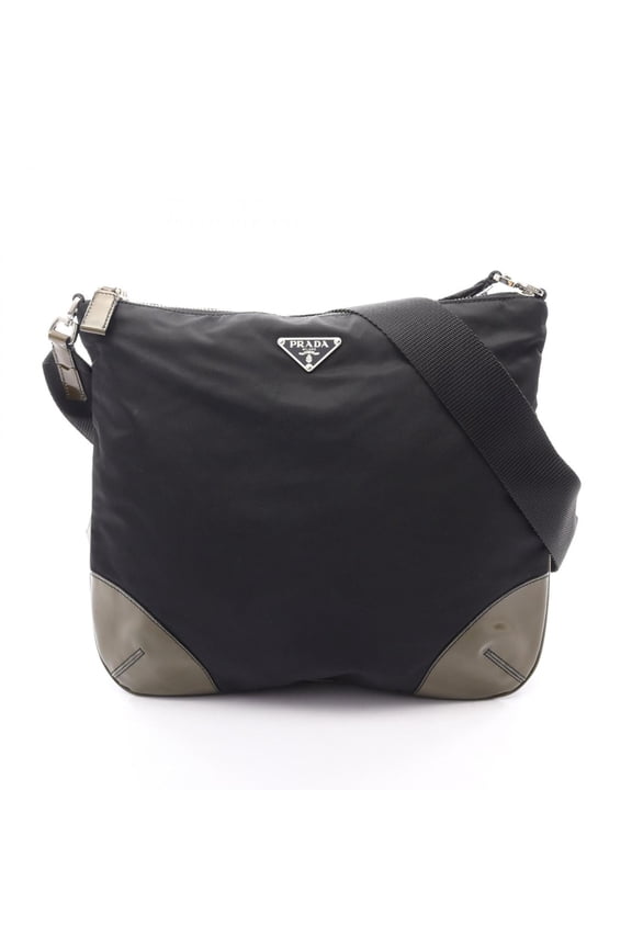 Pre-Owned Prada TESSUTO Shoulder Bag/Handbag, Nylon/Patent Leather, Women's, Black/Khaki, BT0326