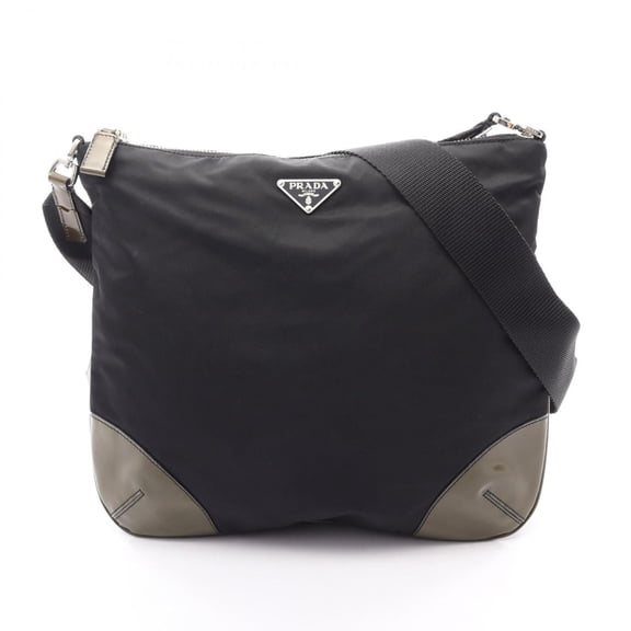 Pre-Owned Prada TESSUTO Shoulder Bag/Handbag, Nylon/Patent Leather, Women's, Black/Khaki, BT0326