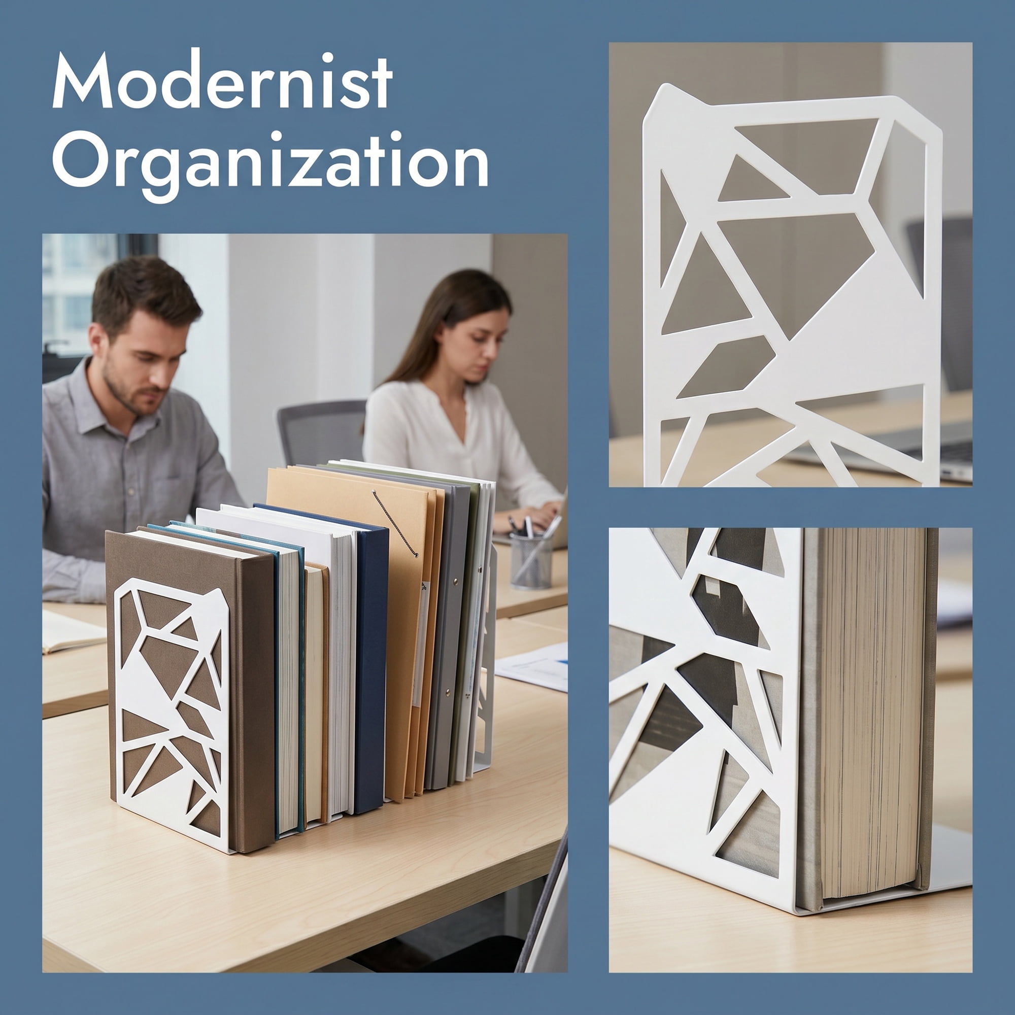 Unique Bargains Geometric Metal Bookends Decorative Book Ends for Shelves White 4.7"x4.7"x6.5"
