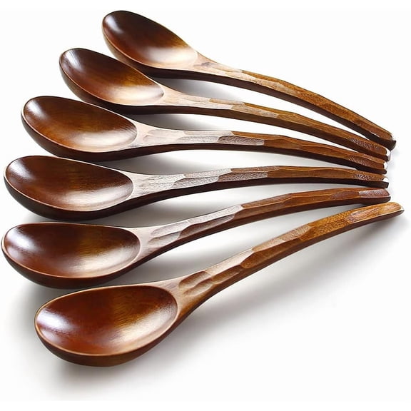 Kiibsot Wooden Soup Spoons, 6 Pieces 7.8 inches Japanese Ramen Spoons Round Nanmu Wood Long Handle Spoon Rice Dessert Cooking Tasting Dinner Table Spoon for Kitchen Restaurant