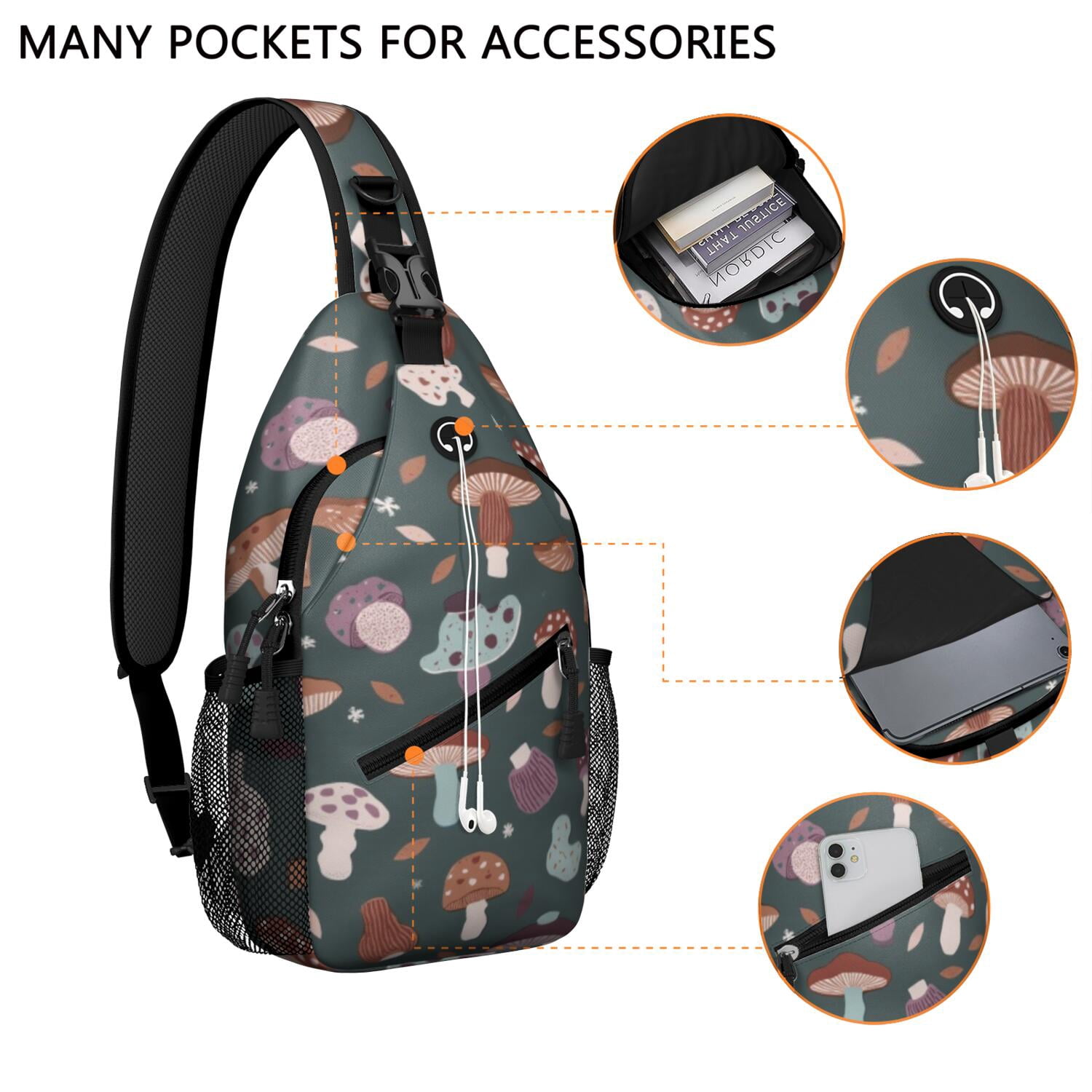 Crossbody Sling Bag Mushroom Hiking Sling Backpack Travel Bag Hiking Bag for Men Women