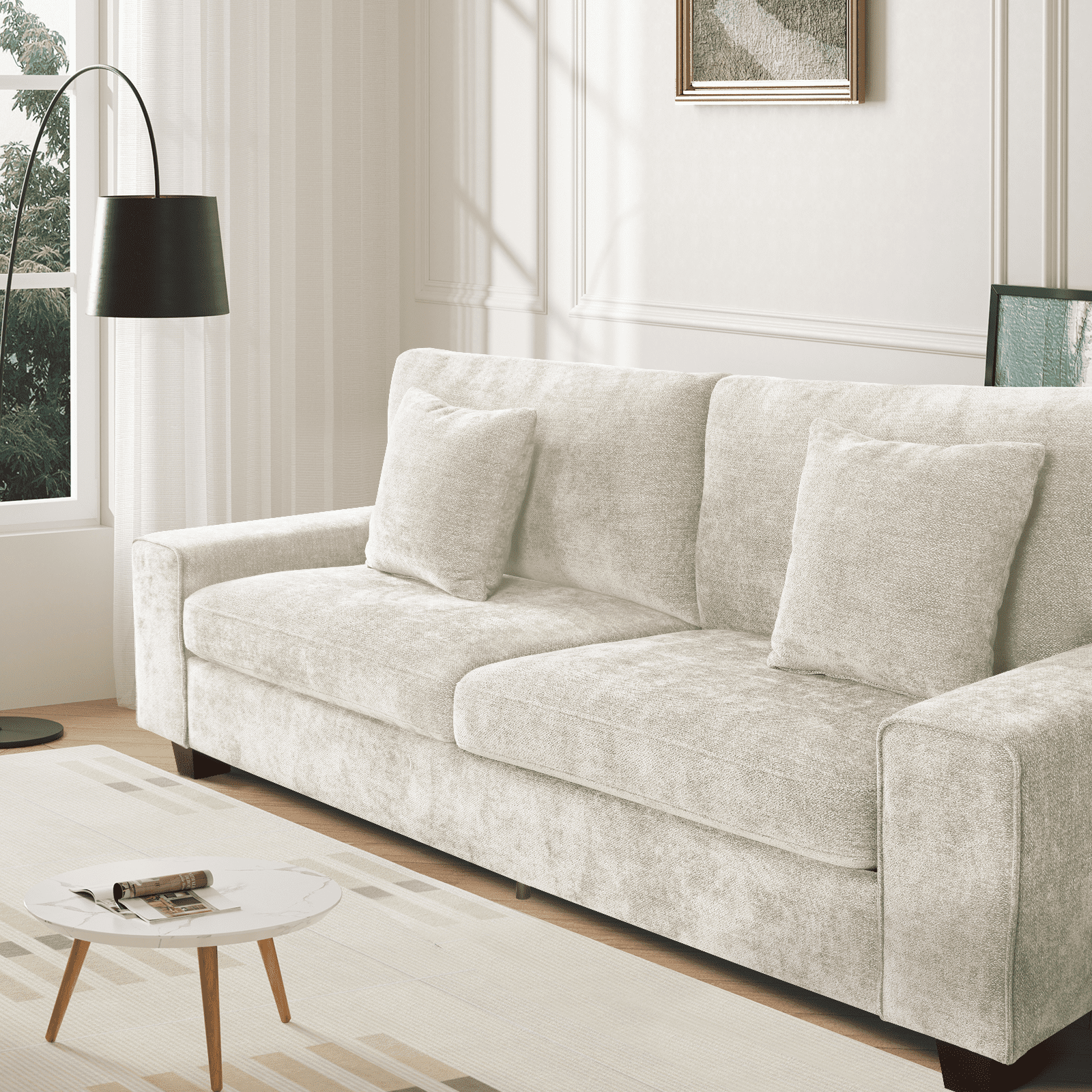 88.58" Modern Sofas Couches for Living Room with Removable Sofa Cushion and Detachable Sofa Cover, Solid Wood Frame ,Easy to Install (Beige)