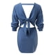 thumbnail image 3 of Gibobby Vestido de punto trenzado Vestido de suéter ajustado sin espalda de punto con cuello en V y manga larga de murciélago para mujer con cinturón(Azul claro,M), 3 of 5