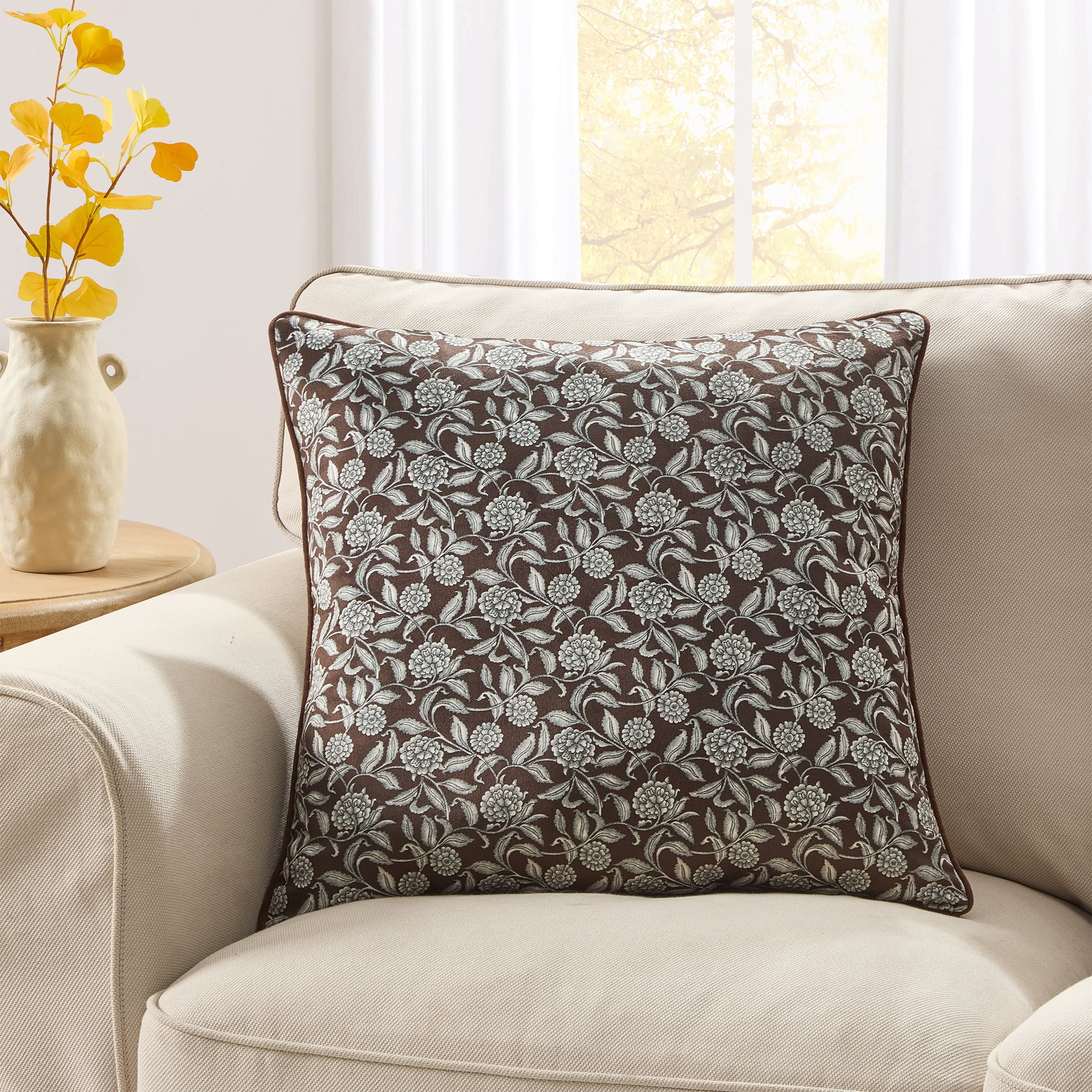 My Texas House Brown Floral Velvet Decorative Pillow, 20 in x 20 in
