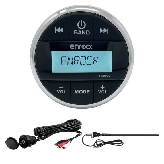 Enrock Multimedia Gauge Style Marine Grade Bluetooth Receiver, Universal USB/3.5MM Auxiliary Interface Mount, Rubber Mast Long-Range Marine Boat/Yacht Radio Antenna (Black)
