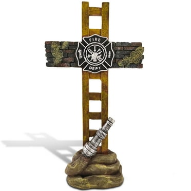 Firefighter Accessories, Fireman Standing Cross Statue Memorial 10", Fire Fighter Gifts