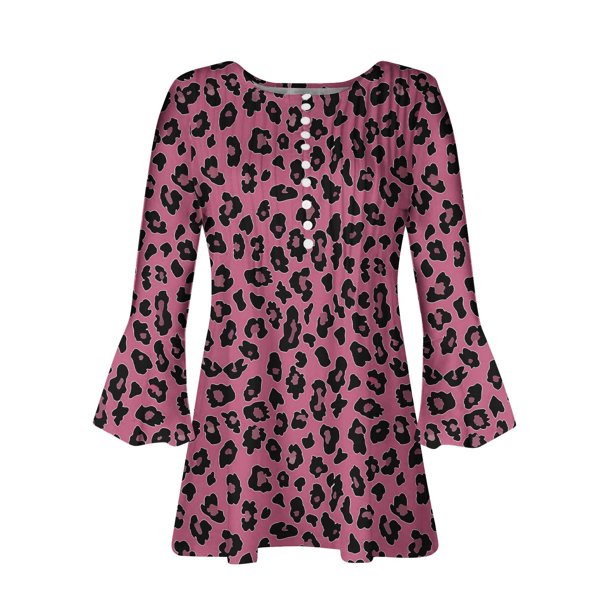 Blusa informal con botones estampados y plisados de plástico para mujer, manga 3/4, manga corta y cuello de cuerno.