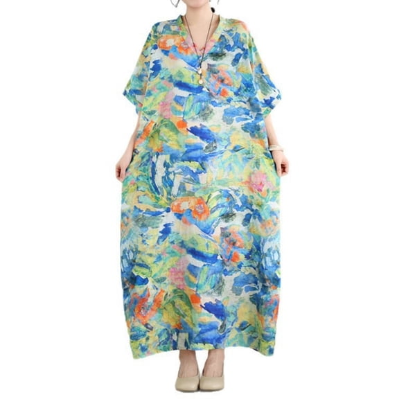 Women’s Floral Print Maxi Dress, Loose V Neck Short Sleeve Casual Kaftan Dress