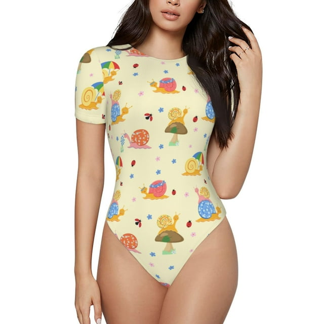 Bingfone Justaucorps à Col Rond pour Femmes Motif Escargot Coloré, Manches Courtes à Boutons-Pression, Adapté pour Fête, Sport, Usage Quotidien-Moyen
