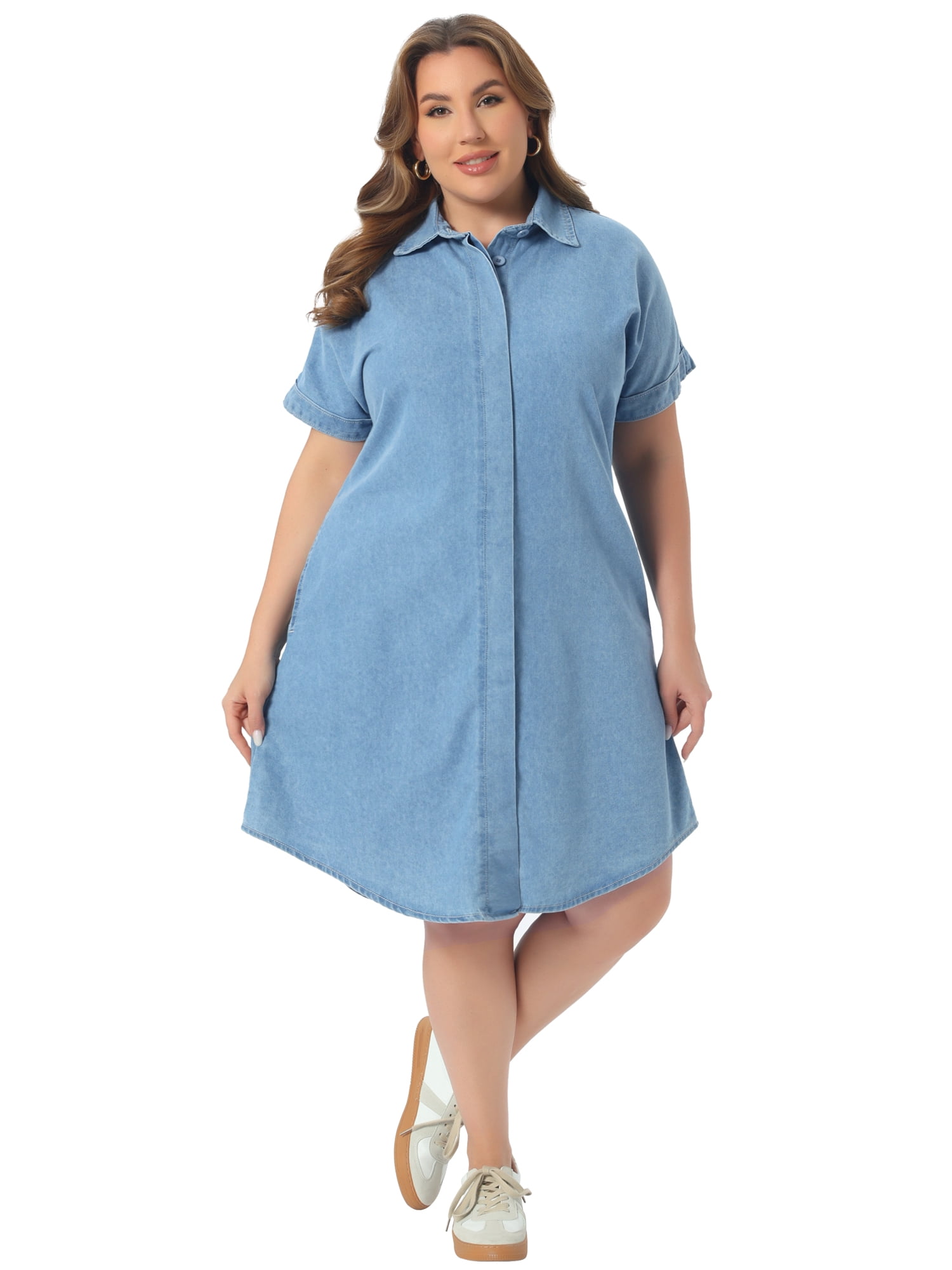 DARING DIVA Women's Plus Size Denim Short Sleeve Button Down Dress 1X Sky Blue