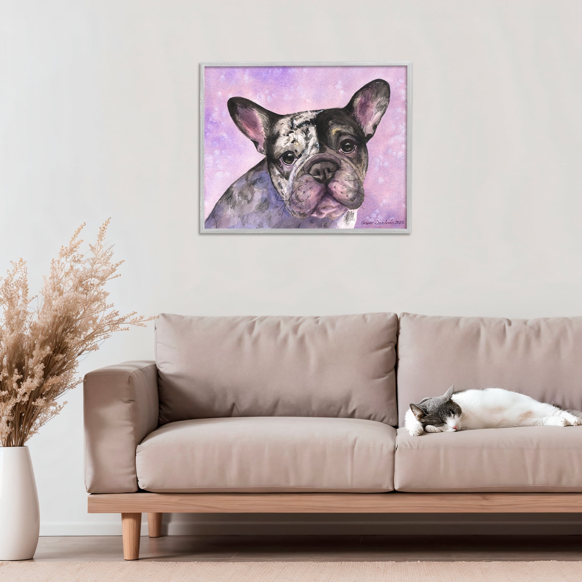 Stupell Industries Harlequin French Bulldog Gray Framed Giclee Art, design by George Dyachenko