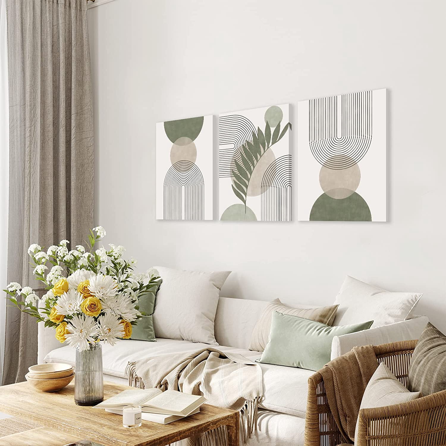 Sage Green Boho Wall Art Set of 3 Minimalist Framed Wall Art Geometric Line Leaf Sun Moon Beige Green Canvas Artwork Paintings Abstract Botanical Boho Room Decor Sage Green Wall Art 12"x16"