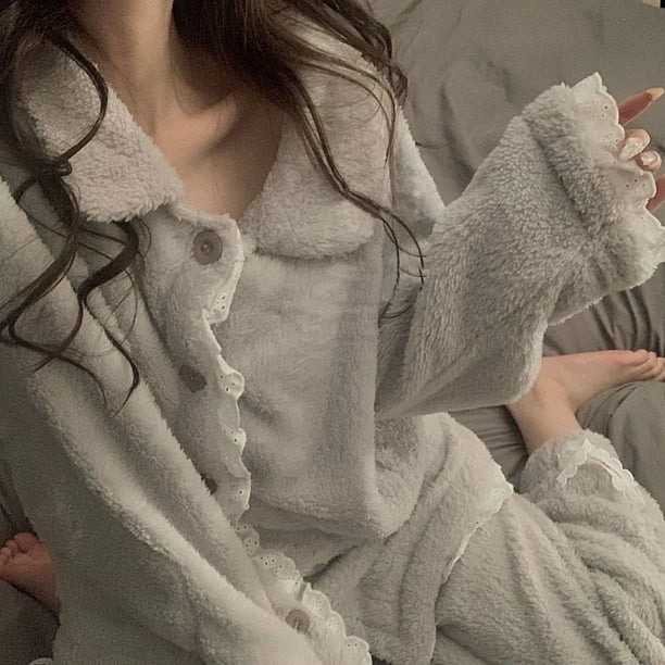 Lace Sleepwear Women Pajamas Set Winter Fleece Velvet 2 Piece Pant