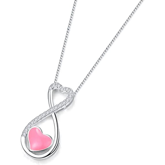 Love Infinity Necklace Inlaid with Pink Heart Enamel 925 Sterling Silver Romantic Necklace Women Jewelry Gift for Valentine's Day Birthday