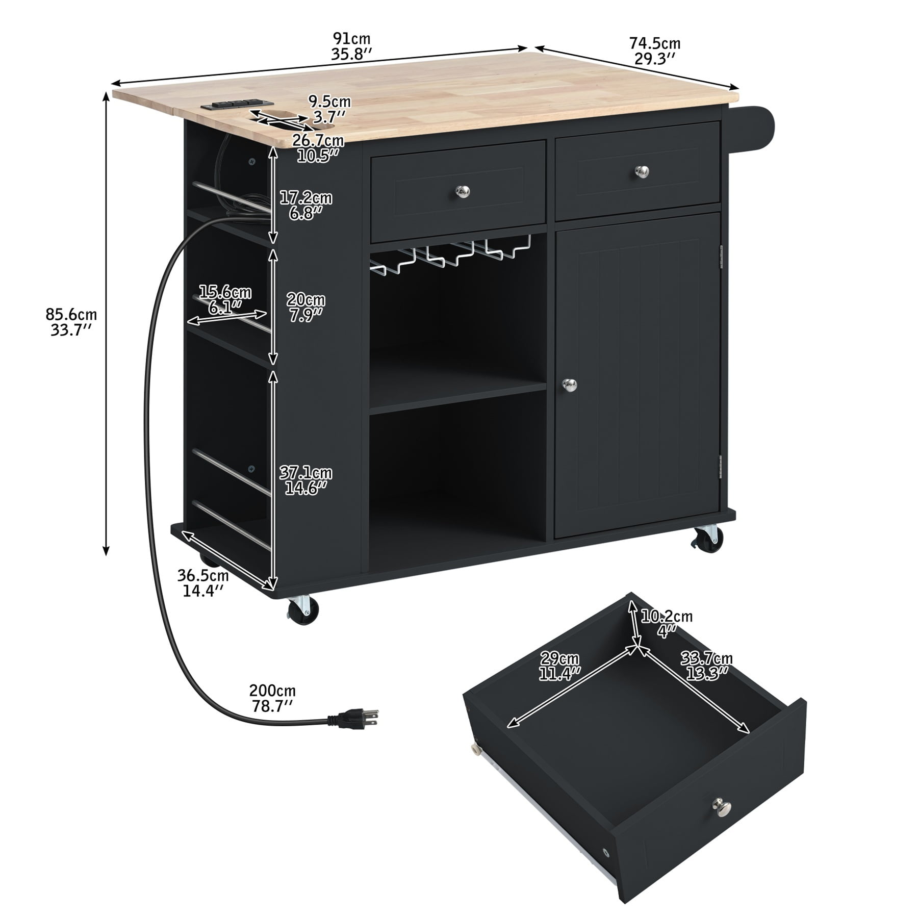 Alvantor Kitchen Island Carts with Power Outlet, Mobile Buffet Cabinet with Drop Leaf,Open Storage and Wine Rack for Dining Room Living Room Black