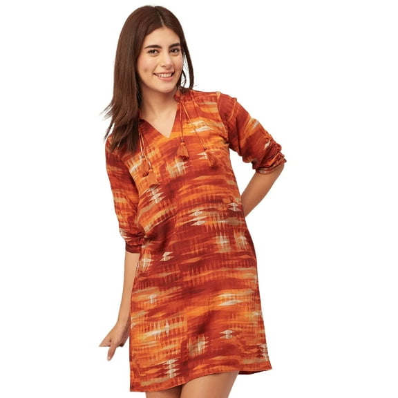 Moomaya Raglan Sleeves Band Collar Printed Rayon Dress - Women's Casual Dress