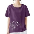 thumbnail image 3 of Homenesgenics Womens Tops under $5 Women Casual and Linen Round-Neck Tops Printed Short Sleeve Button T-shirt Blouse Purple XXXXL, 3 of 6