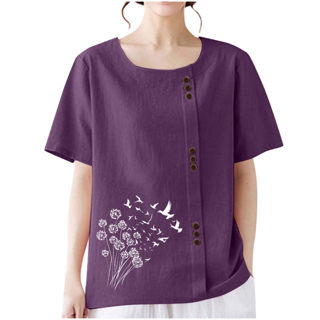 T-shirts en Lin à Col Rond Oversize pour Femmes, Manches Courtes, T-Shirts en Coton, Imprimé Floral, à Boutons, Blouses Tendance