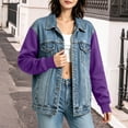 thumbnail image 4 of Women's Hooded Jeans Jackets - Drawstring Button up Denim Hoodie with Pockets Patchwork Long Sleeve Fall Sweatshirt with Hood, M, 4 of 7