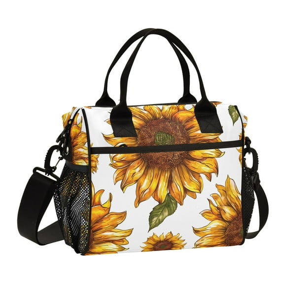 Ckdifva Sunflower in White Cooler Bag Cooler Cooling Tote Lunch Bag Lunch Box Front Pocket with Shoulder Strap