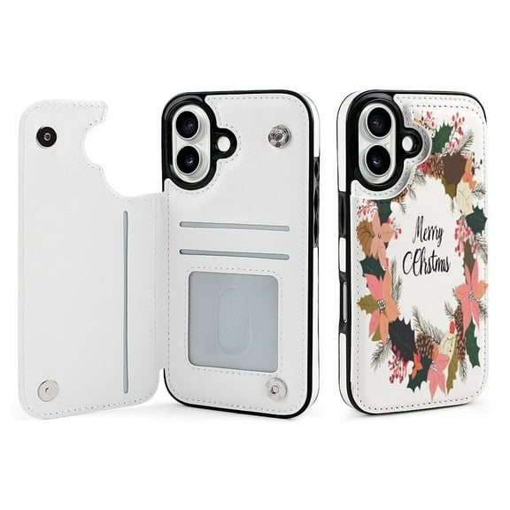 Compatible with iPhone 11 12 13 mini 14 15 16 Pro Max Plus Wallet Case with Card Holder, PU Leather Kickstand Card Slots Case ( Merry Christmas Lettering Wreath Leanfs, iPhone 16)