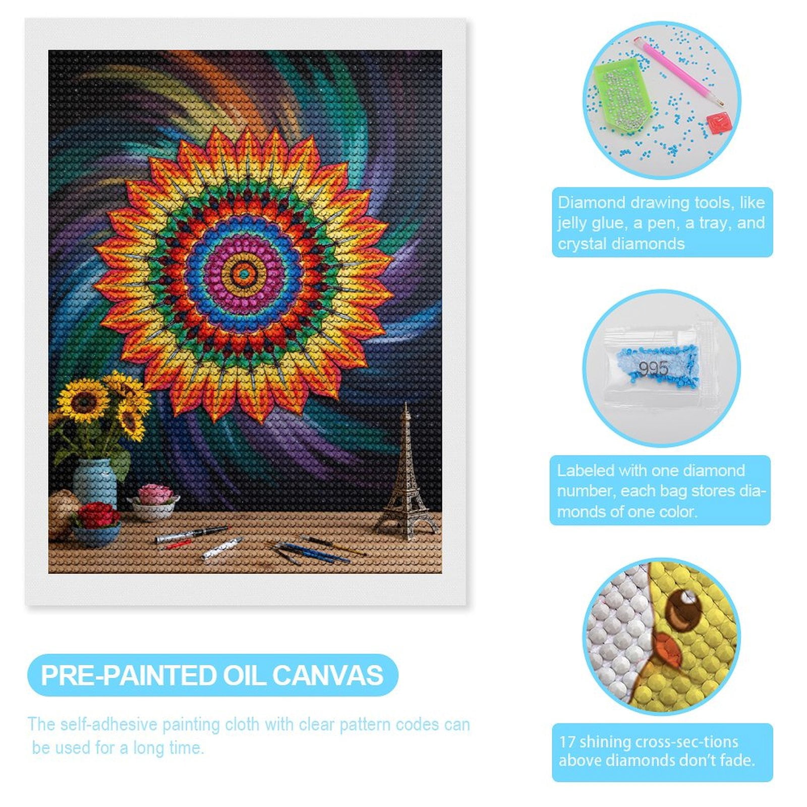Diamond Art Kits for Adults, Colorful Mandala Sunflower Art Display 5D Diamond Painting Kits for Adults Beginners, DIY Full Drill Diamond Painting, Gem Art and Crafts 12x16