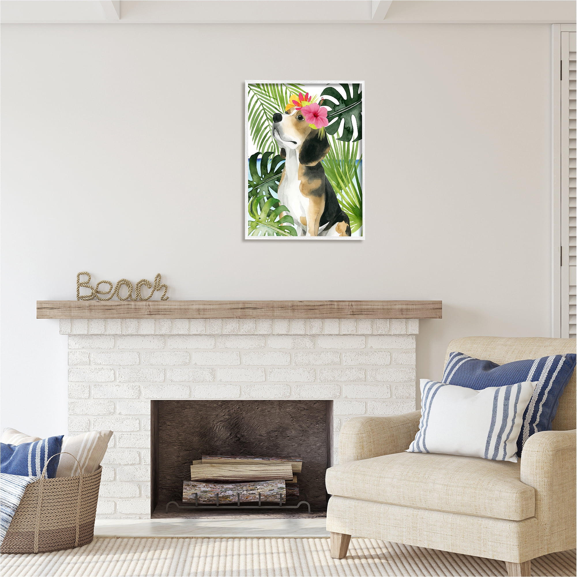 Stupell Industries Puppy with Hibiscus Animals & Insects Painting White Framed Art Print Wall Art, 24 x 30