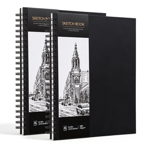 2 Pack Spiral Sketchbook 9x12 with 100gsm Thick Paper Black Hardback