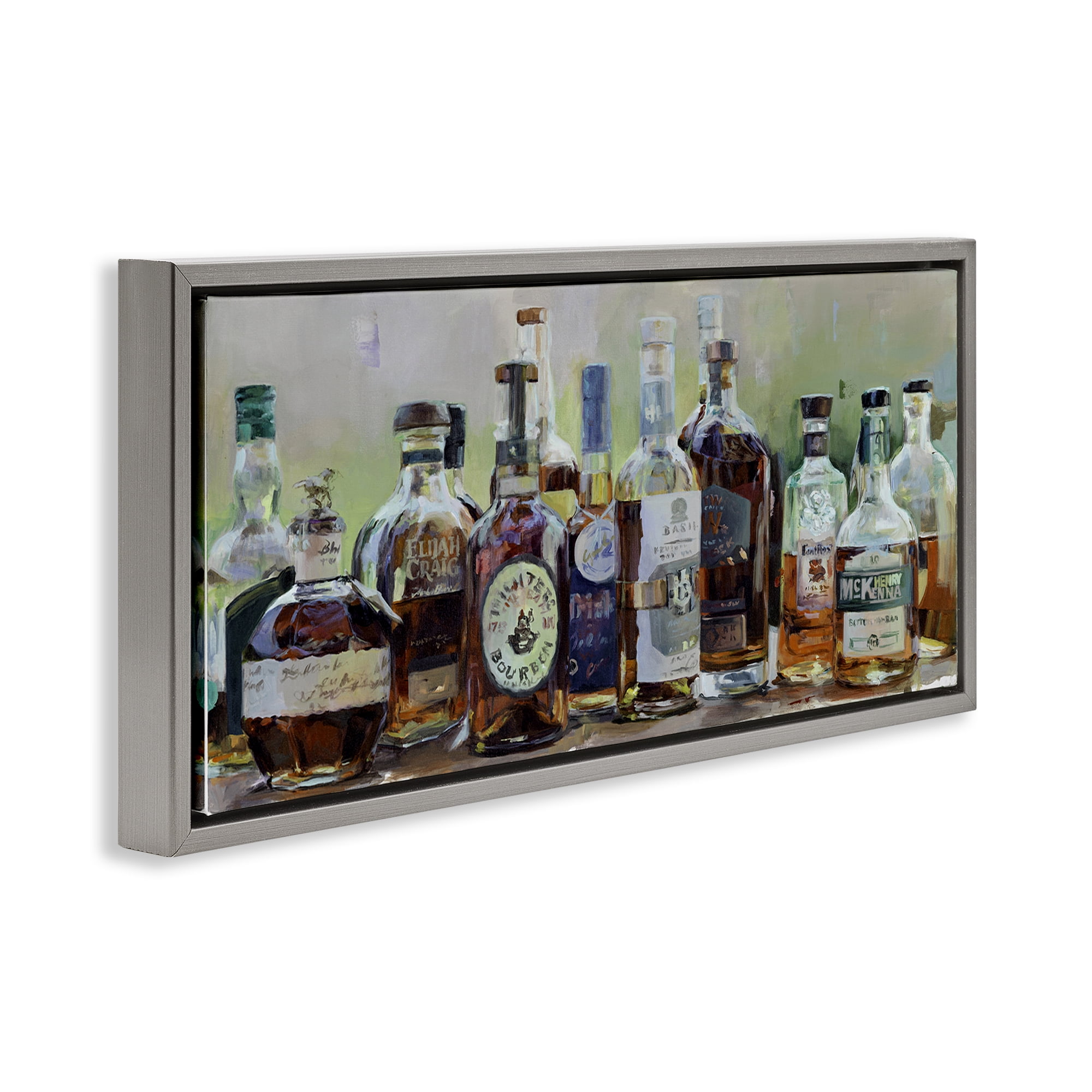 Stupell Industries Vintage Whiskey Bottles Display Gray Framed Floater Canvas Wall Art, design by Marilyn Hageman