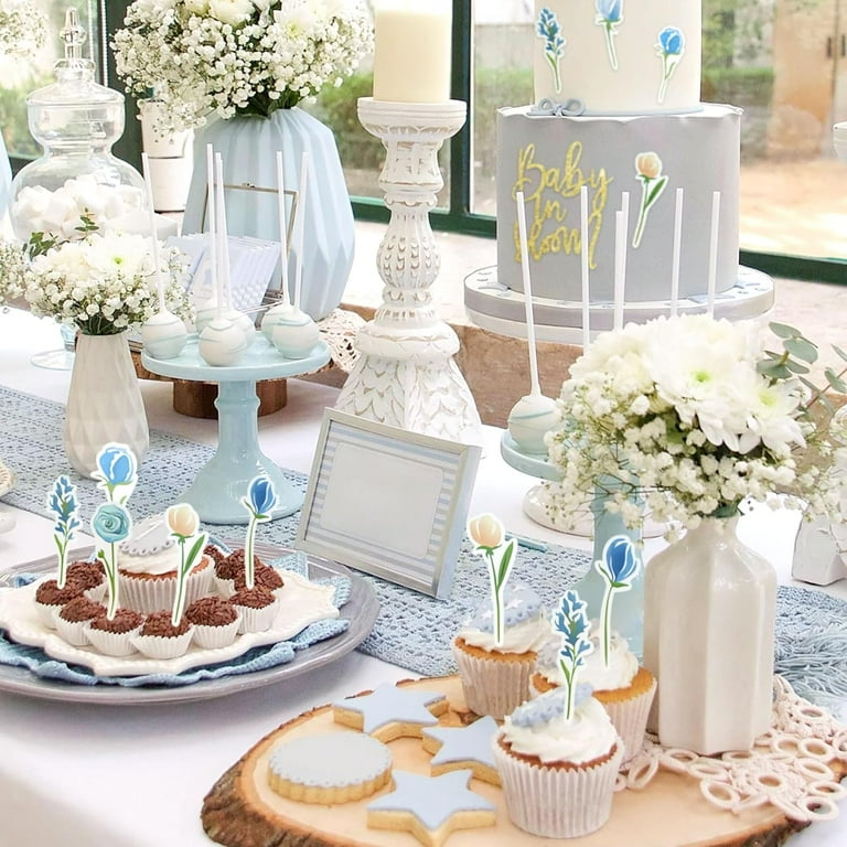 Table Setting Blue White And Gold Baby Shower Decorations Dessert