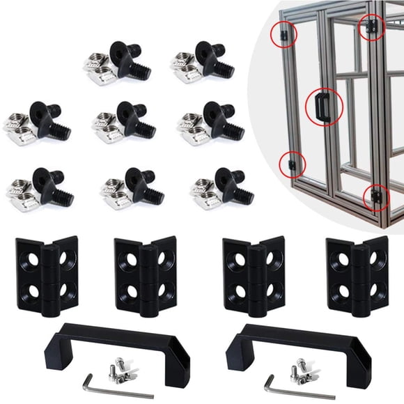 Boeray 2 Ensembles 2020 Profil d'Extrusion en Aluminium Fente 6mm Poignée de Porte et Kit d'Installation de Charnières de Cadre-4 Pcs Charnières en Alliage de Zinc Noir, 2 Pcs Poignées en Aluminium, 2