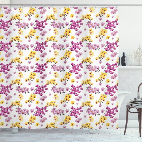 Aloha Shower Curtain, Hawaiian Purple and Yellow Flourishing Orchid Branches and Buds Floral Motifs Pattern, Fabric Bathroom Set with Hooks, 69W X 75L Inches Long, Multicolor, by Ambesonne